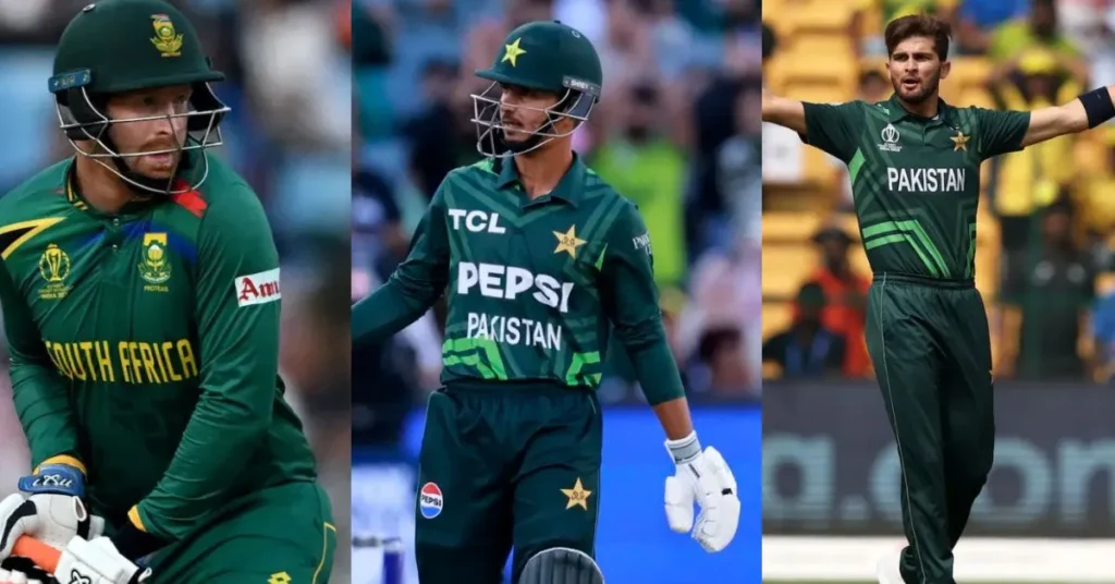 A collage featuring three cricket players in action. On the left, a South African player wearing a green and yellow jersey prepares to bat. In the center, a Pakistani cricketer wearing a green jersey with Pepsi branding walks on the field. On the right, another Pakistani cricketer in a green uniform celebrates during a match.