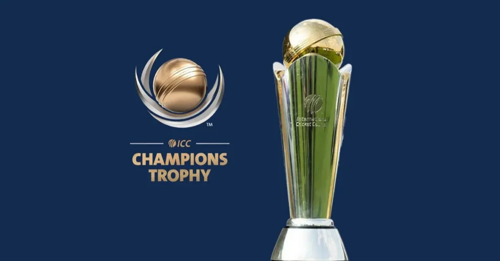 ICC Champions Trophy logo alongside the golden and silver Champions Trophy against a dark blue background.