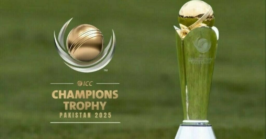 ICC Champions Trophy logo alongside the golden and silver Champions Trophy against a green background.